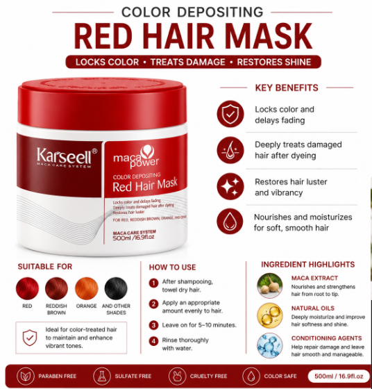 Karseell Maca Power Color Depositing Red Hair Mask — Colour Lock & Repair (500ml)